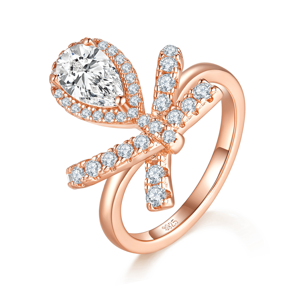 Pear Moissanite Ring - 1ct DEW Pave Bow in White Gold - Image 2