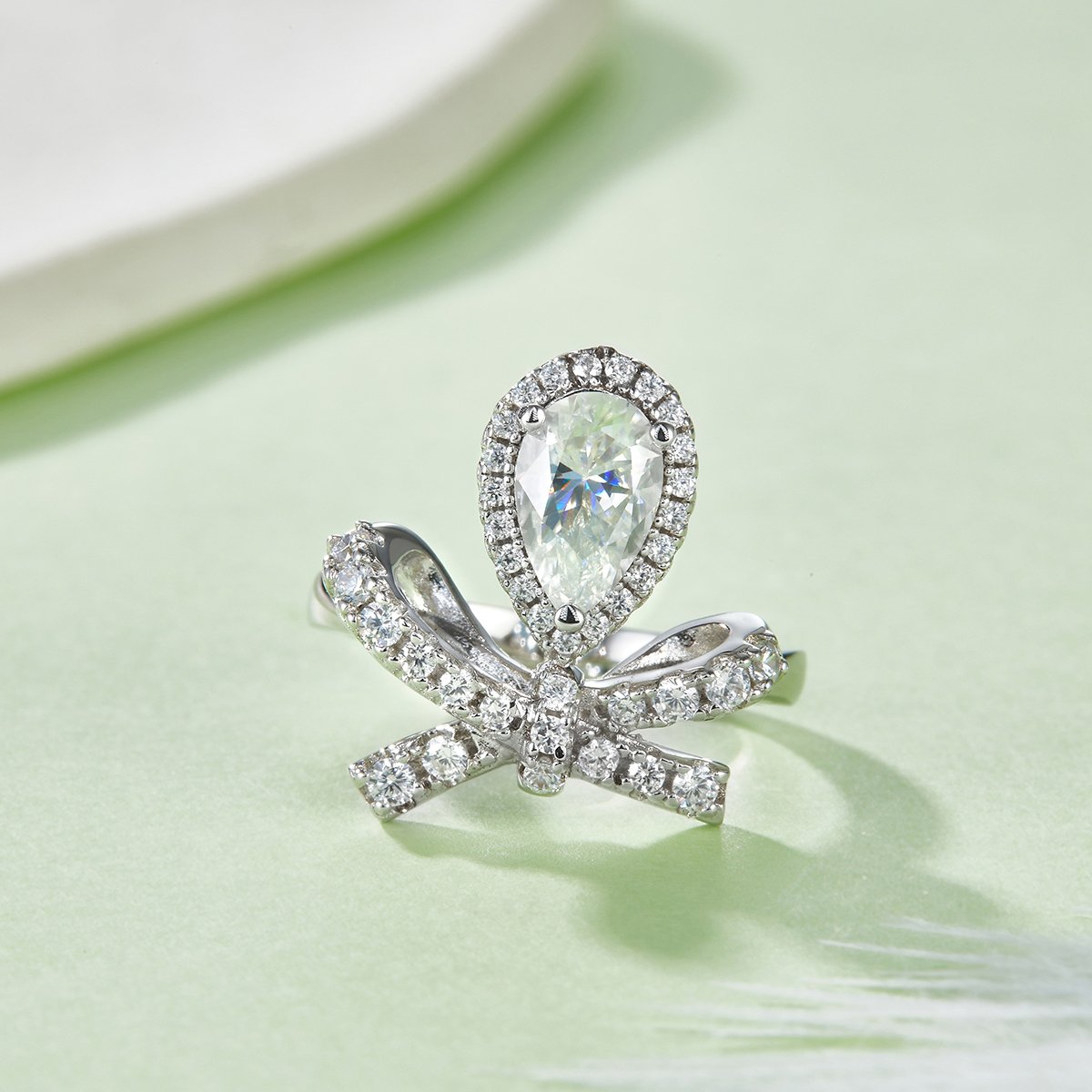 Pear Moissanite Ring - 1ct DEW Pave Bow in White Gold - Image 3