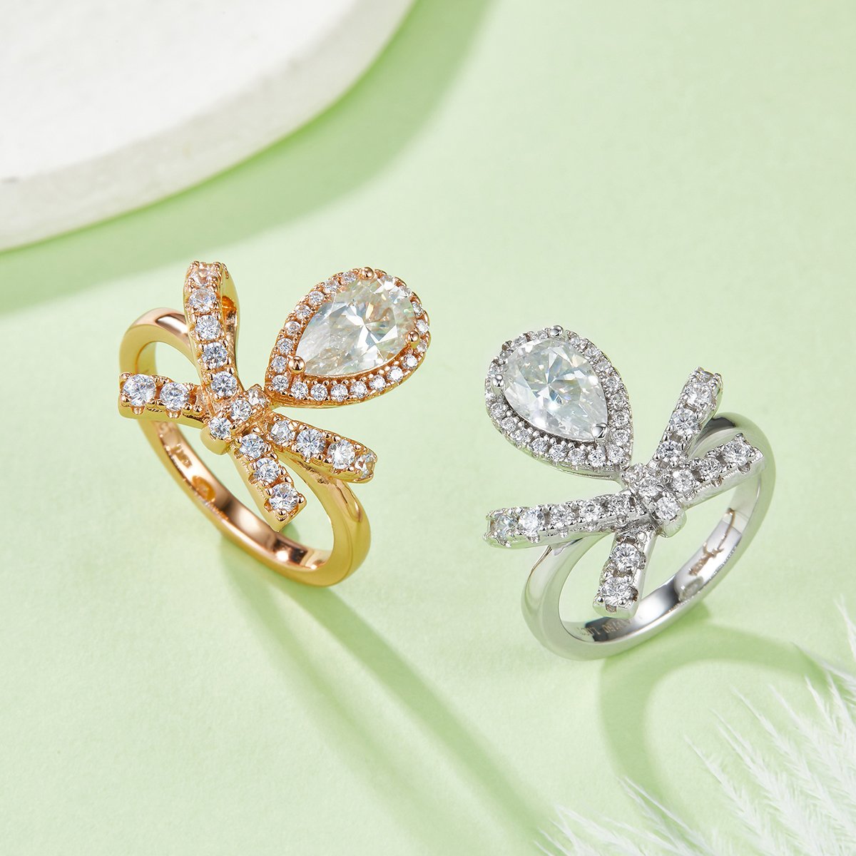 Pear Moissanite Ring - 1ct DEW Pave Bow in White Gold - Image 5