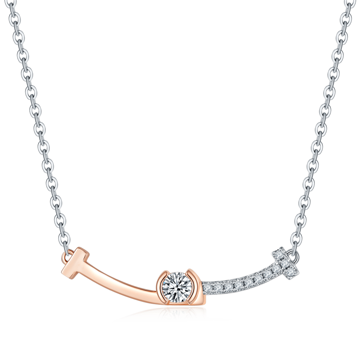 Two-Tone Moissanite Curved Bar Necklace – Rose & White Gold