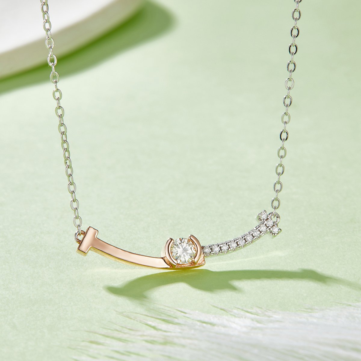 Two-Tone Moissanite Curved Bar Necklace – Rose & White Gold - Image 2