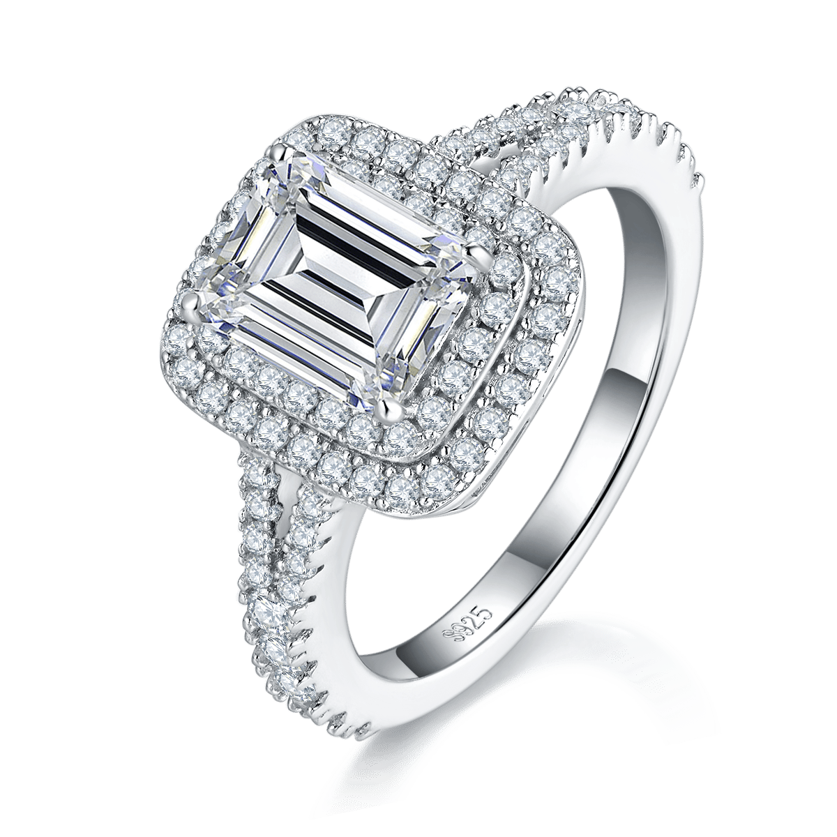 Emerald-Cut Moissanite Double-Halo Ring – 3ct DEW