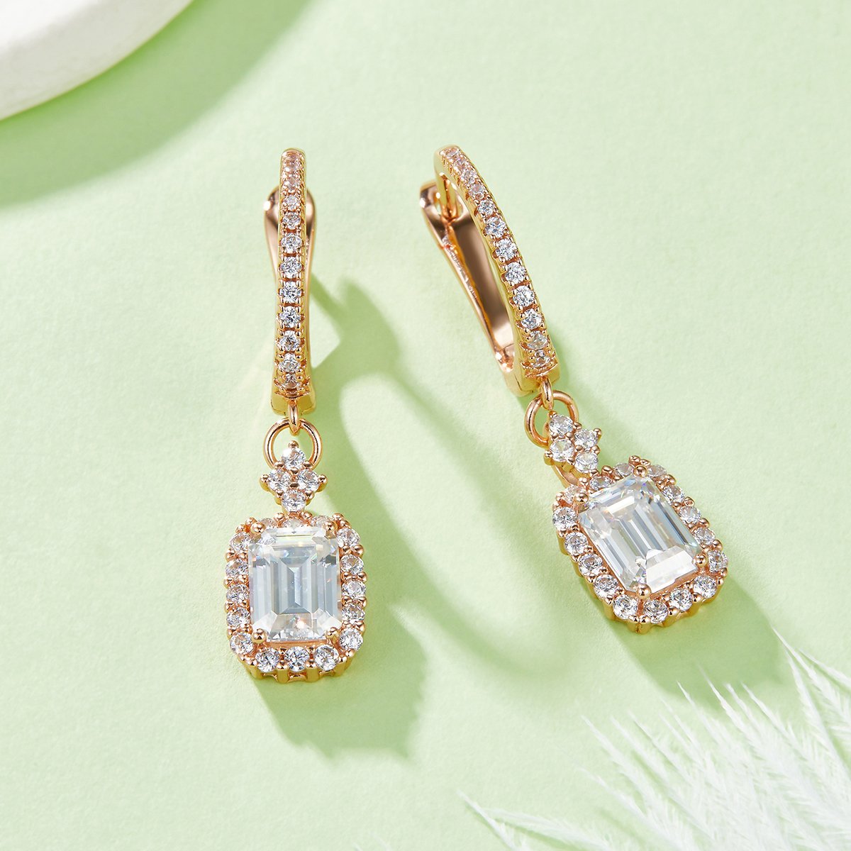 Emerald-Cut Moissanite Halo Drop Earrings - 2ct DEW - Image 4