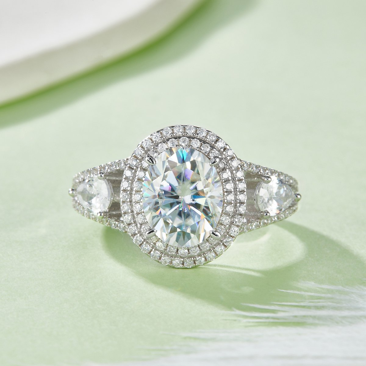 Oval Moissanite Double-Halo Three-Stone Ring | 3ct DEW Pear Accents - Image 2