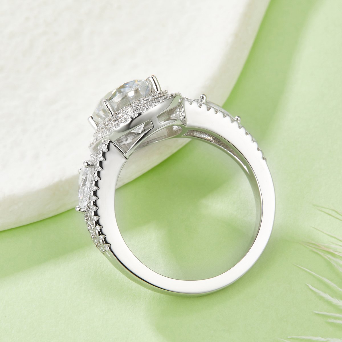 Oval Moissanite Double-Halo Three-Stone Ring | 3ct DEW Pear Accents - Image 3