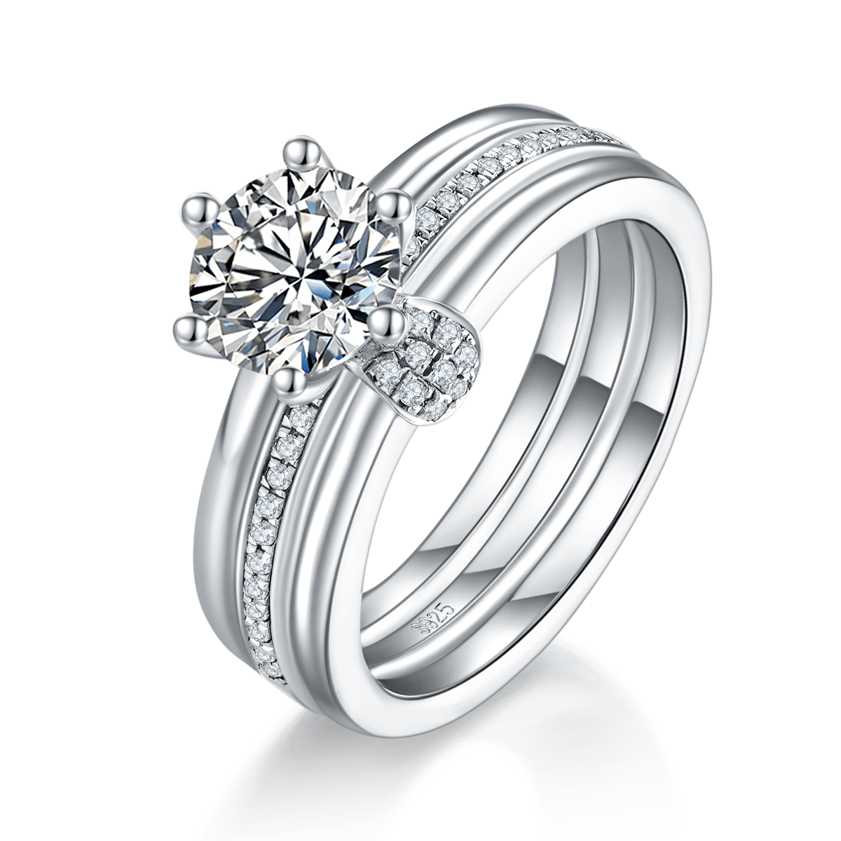 1ct Round Moissanite Solitaire Bridal Set | 6-Prong Pavé Engagement Ring & Nesting Bands