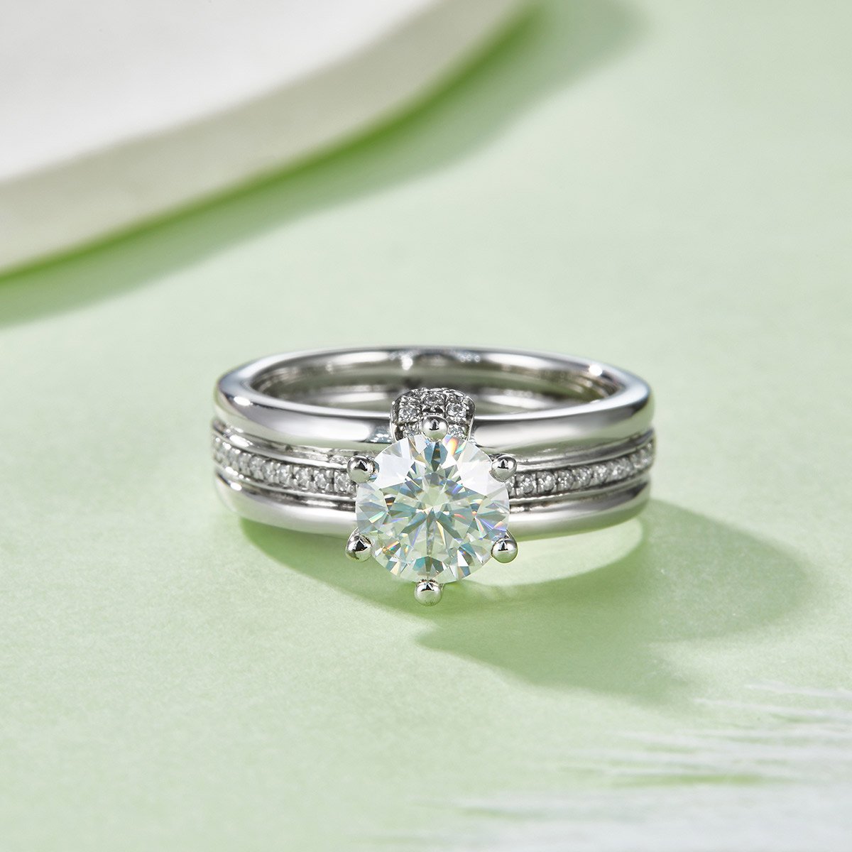 1ct Round Moissanite Solitaire Bridal Set | 6-Prong Pavé Engagement Ring & Nesting Bands - Image 2