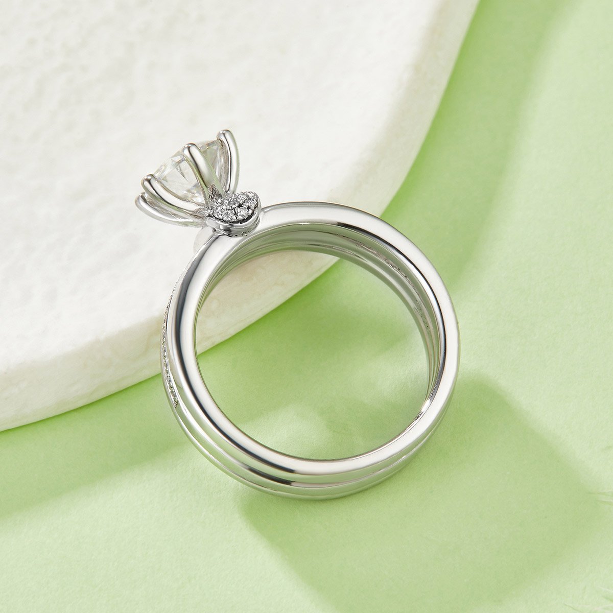 1ct Round Moissanite Solitaire Bridal Set | 6-Prong Pavé Engagement Ring & Nesting Bands - Image 3