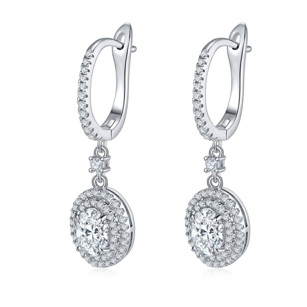 Oval Moissanite Double-Halo Drop Earrings