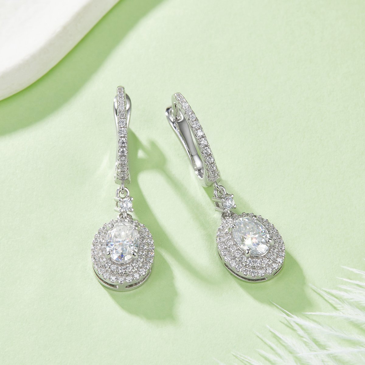 Oval Moissanite Double-Halo Drop Earrings - alternate view