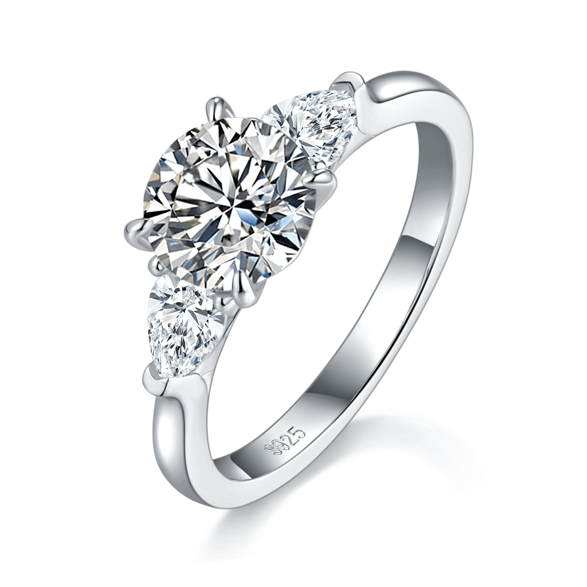 Round Moissanite Three-Stone Ring | 2ct DEW (8mm) Center | Pear Side Stones