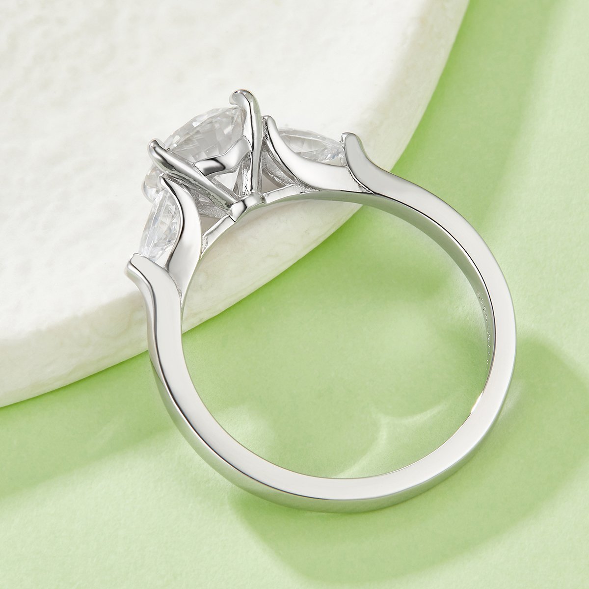 Round Moissanite Three-Stone Ring | 2ct DEW (8mm) Center | Pear Side Stones - Image 3
