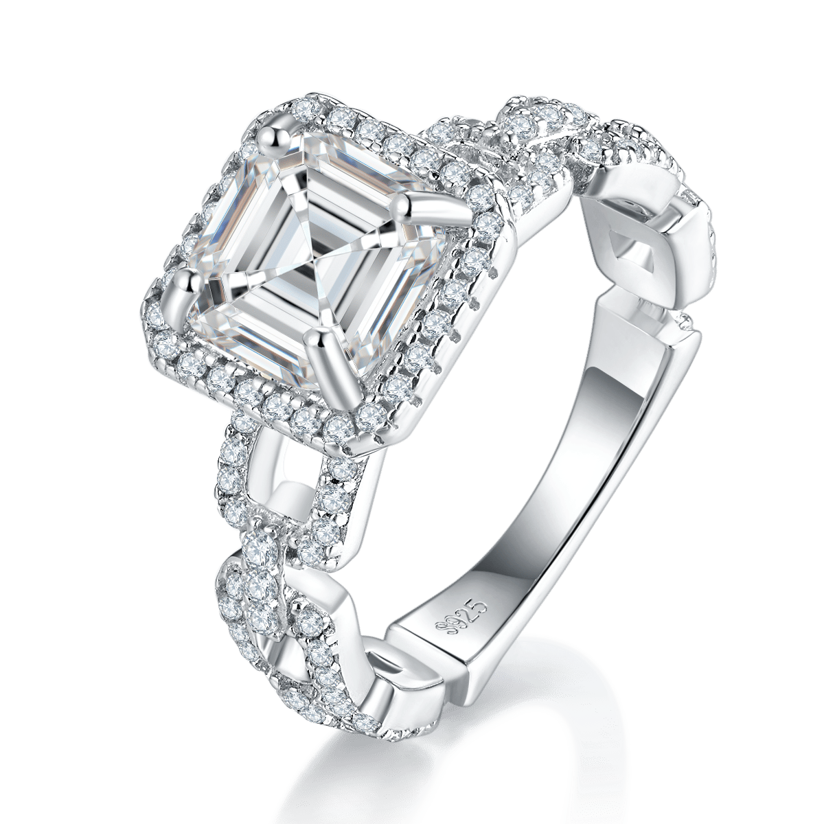 Asscher Moissanite Halo Ring – 3ct DEW (8mm) Pavé Shank