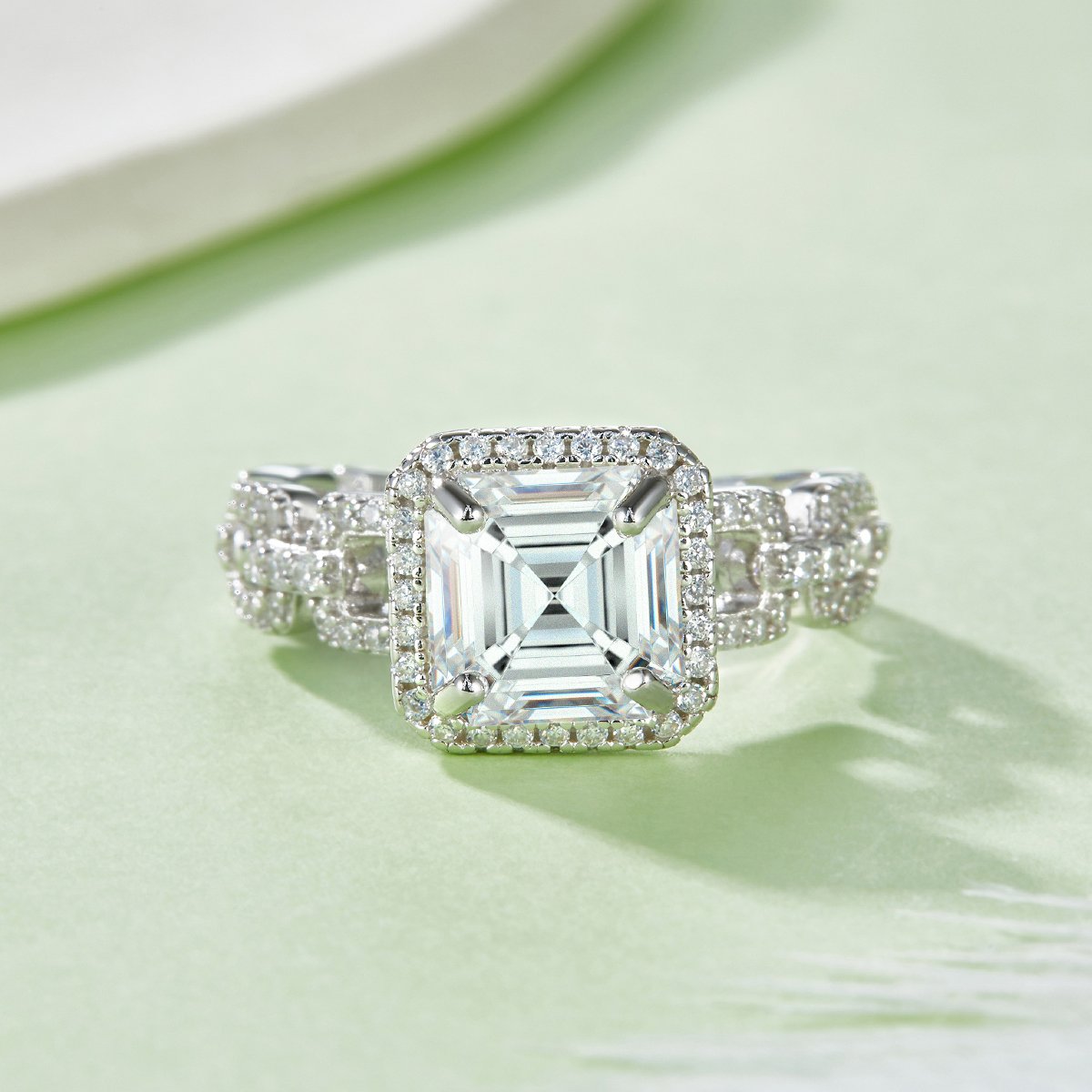 Asscher Moissanite Halo Ring – 3ct DEW (8mm) Pavé Shank - Image 2