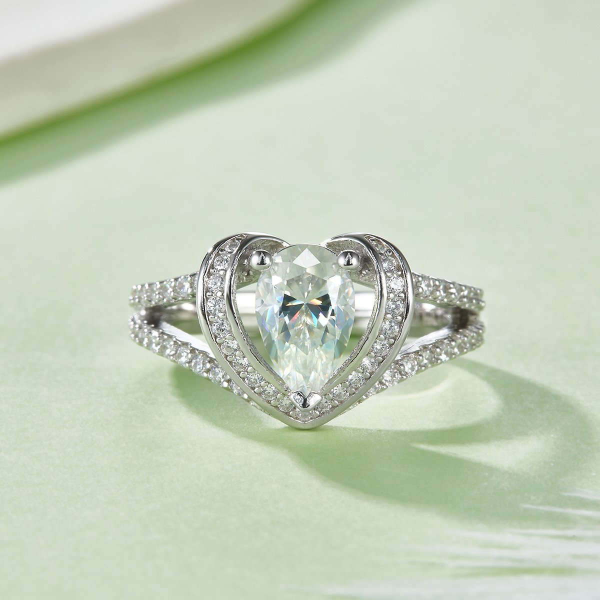 Pear Moissanite Heart-Frame Split-Band Ring - Image 2