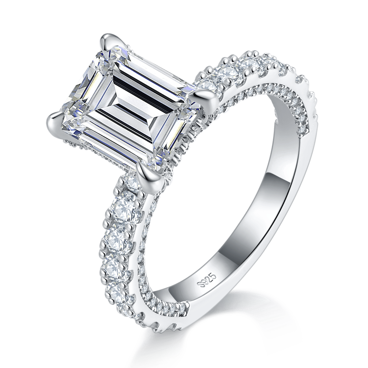 Emerald Cut Moissanite Solitaire Ring – 4ct DEW (8×10mm) Pavé Band