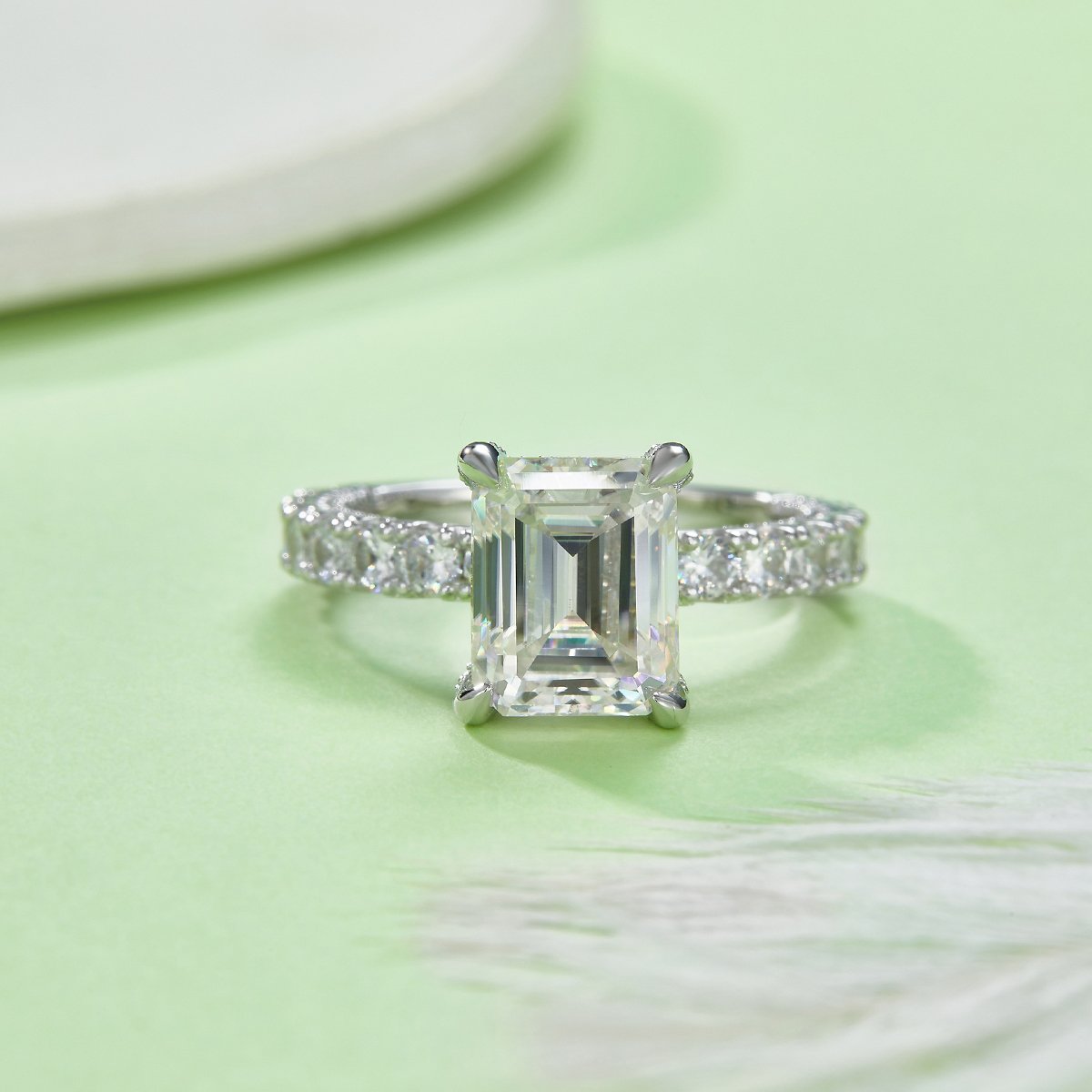 Emerald Cut Moissanite Solitaire Ring – 4ct DEW (8×10mm) Pavé Band - Image 2