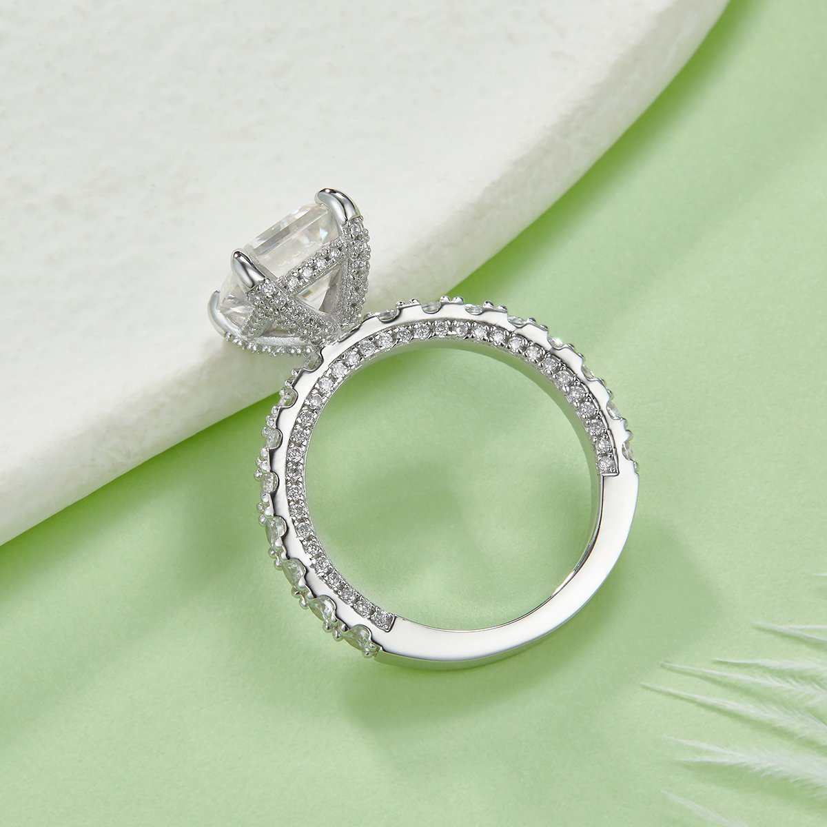 Emerald Cut Moissanite Solitaire Ring – 4ct DEW (8×10mm) Pavé Band - Image 3