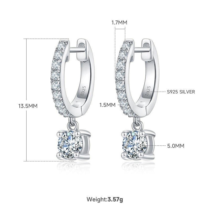 Four-Prong Drop Moissanite Huggie Earrings | Pavé Hoop, 5mm Round Drop