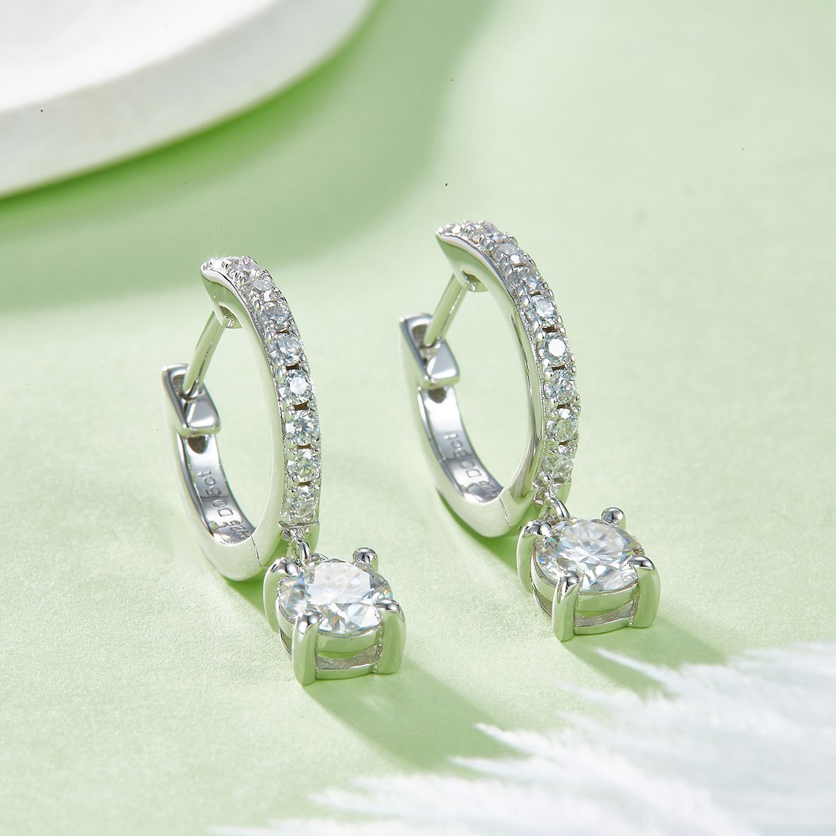 Four-Prong Drop Moissanite Huggie Earrings | Pavé Hoop, 5mm Round Drop - Image 4