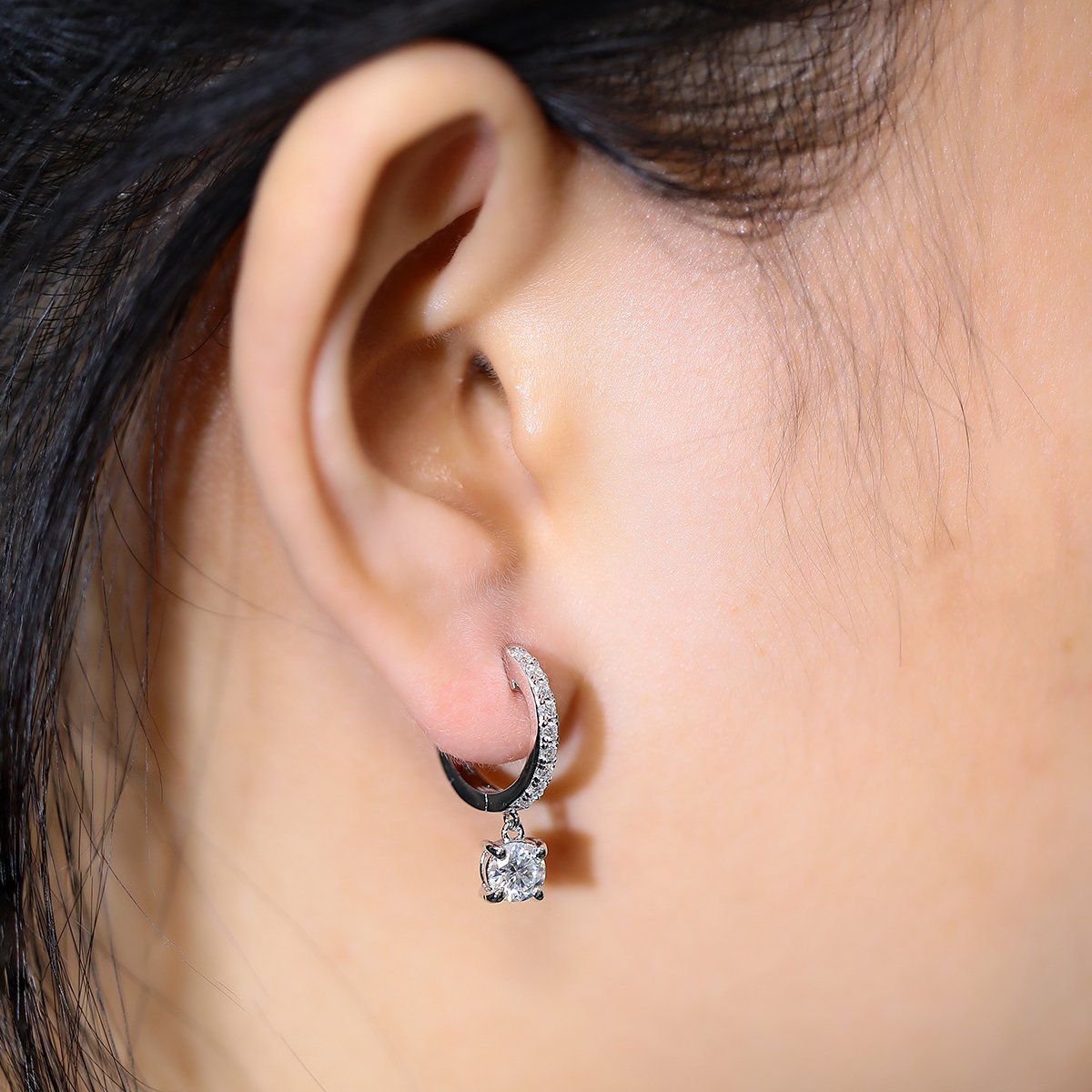 Four-Prong Drop Moissanite Huggie Earrings | Pavé Hoop, 5mm Round Drop - Image 8