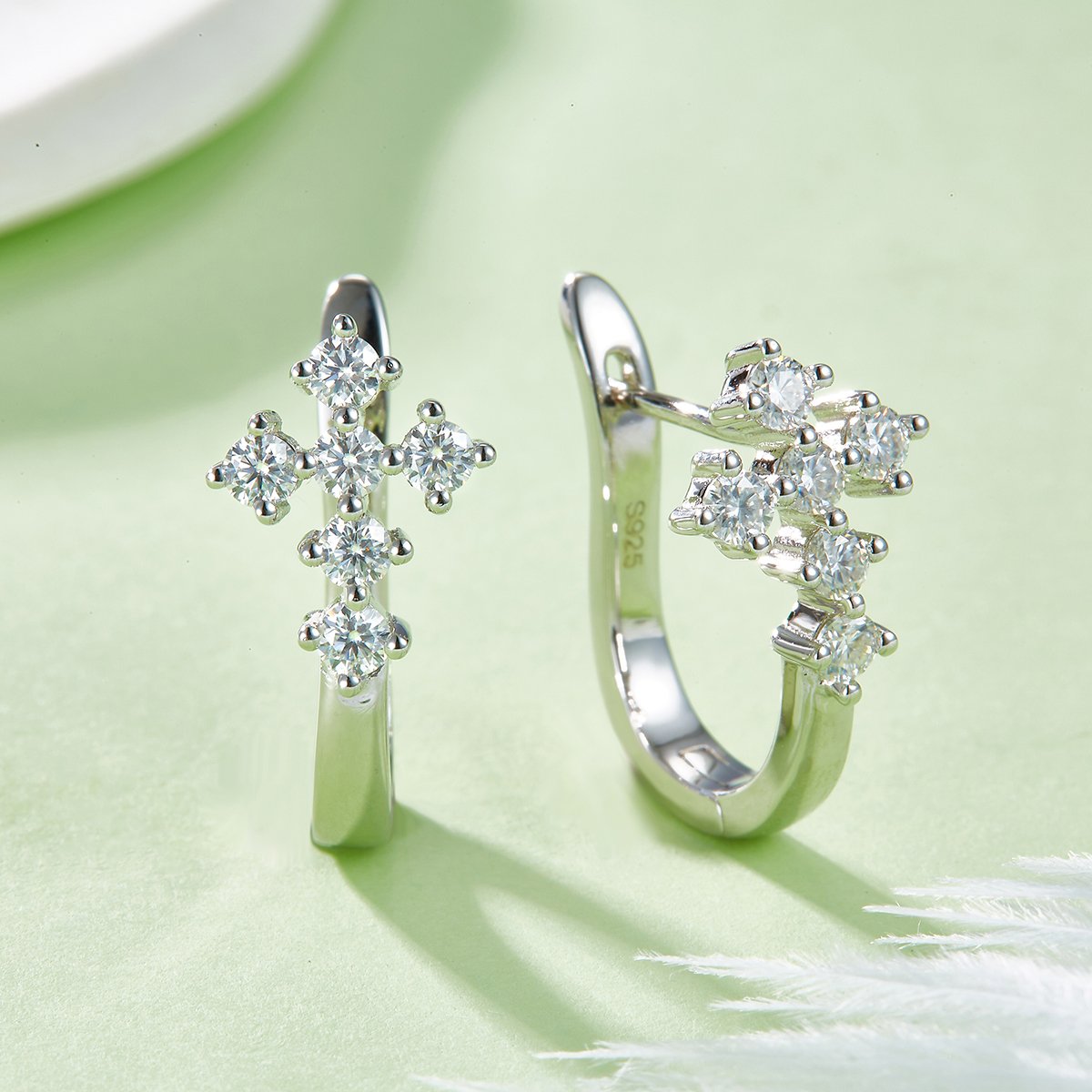 Moissanite Cross Cluster Huggie Earrings | 5-Stone Round Hoops in 925 Silver - Image 4