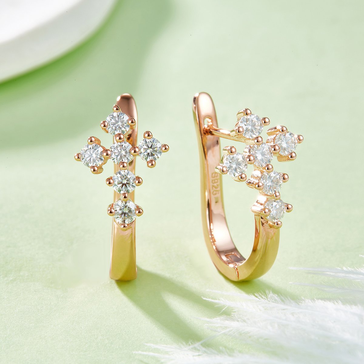 Moissanite Cross Cluster Huggie Earrings | 5-Stone Round Hoops in 925 Silver - Image 5