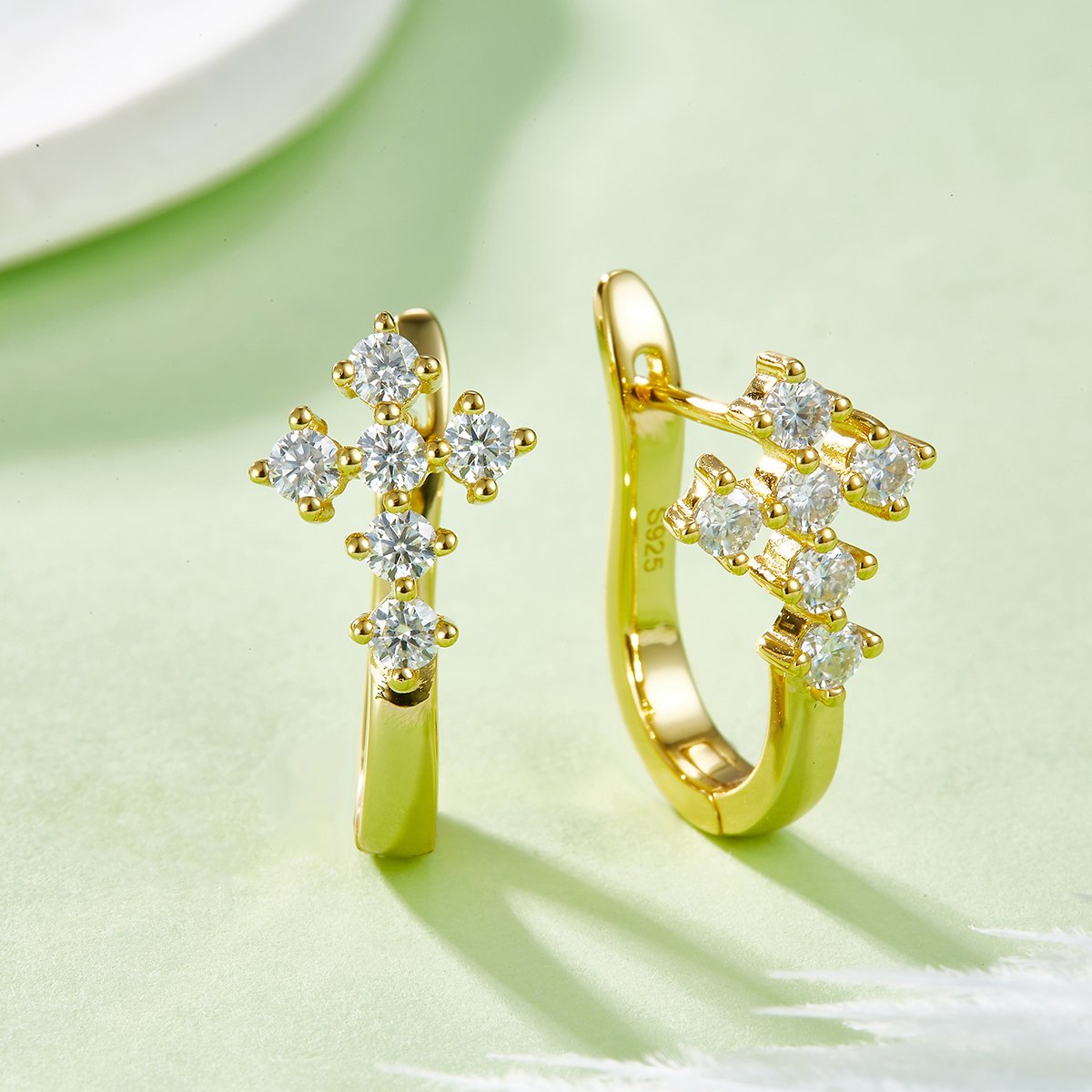 Moissanite Cross Cluster Huggie Earrings | 5-Stone Round Hoops in 925 Silver - Image 6