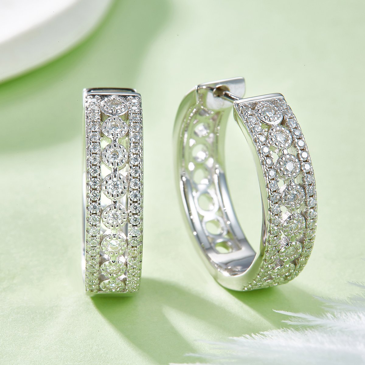 Wide Three-Row Pavé Moissanite Huggie Hoop Earrings - Image 4