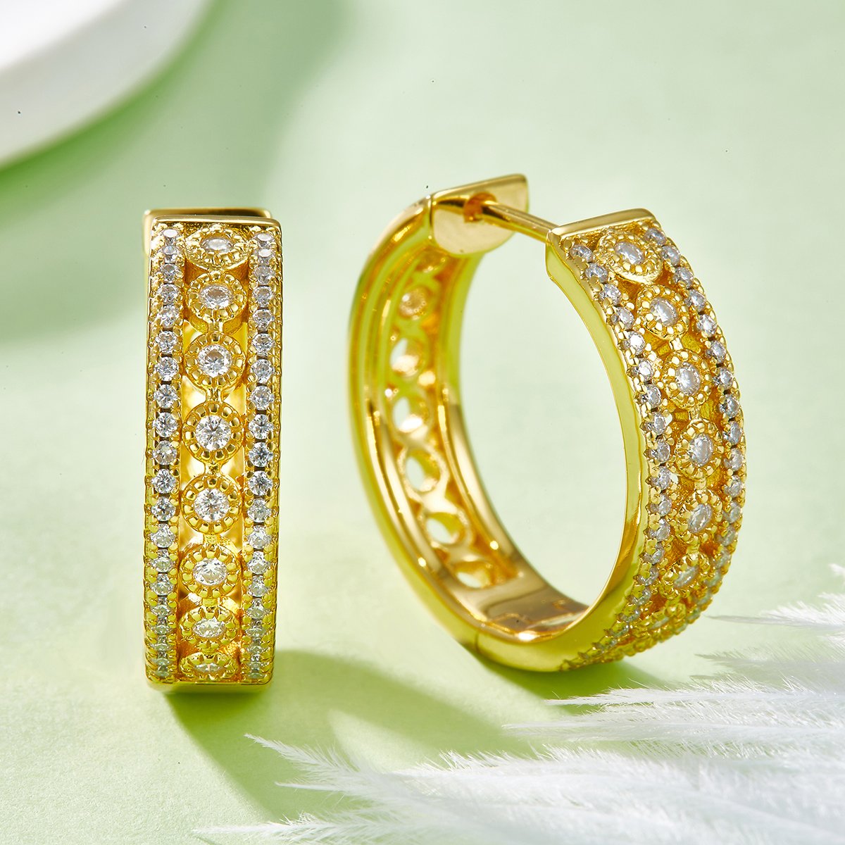 Wide Three-Row Pavé Moissanite Huggie Hoop Earrings - Image 6