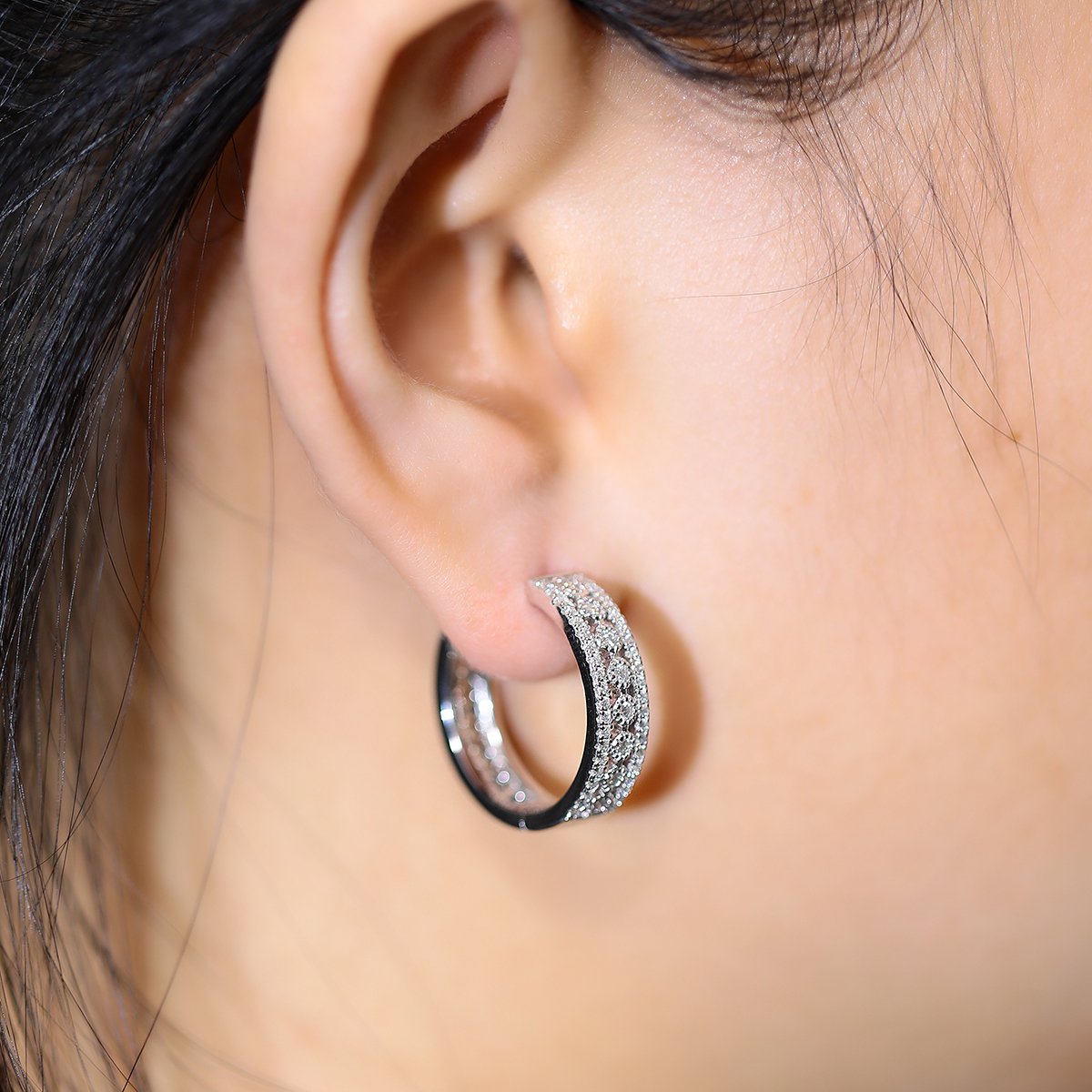 Wide Three-Row Pavé Moissanite Huggie Hoop Earrings - Image 8
