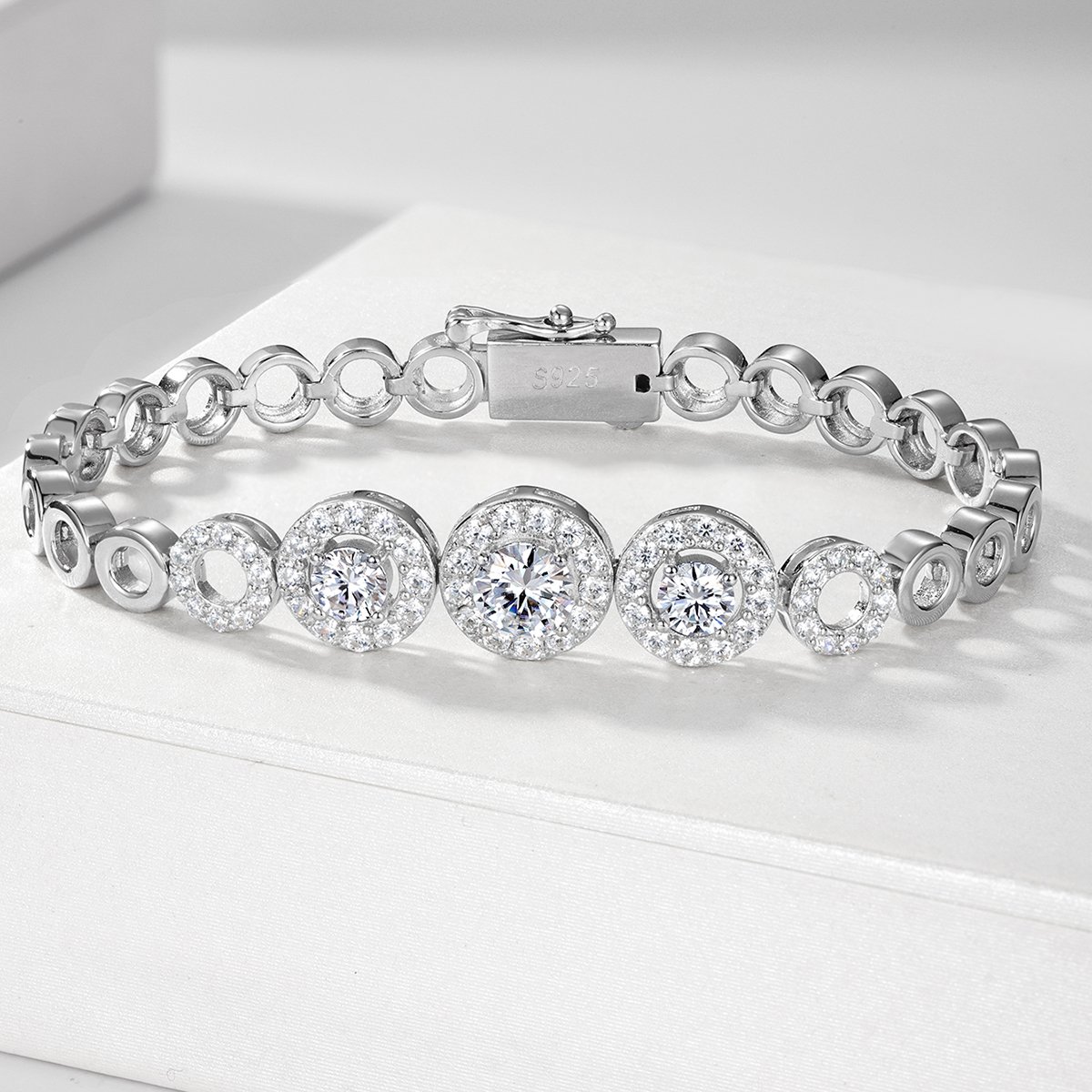 Round Moissanite Halo Cluster Bracelet in 925 Sterling Silver - Image 2