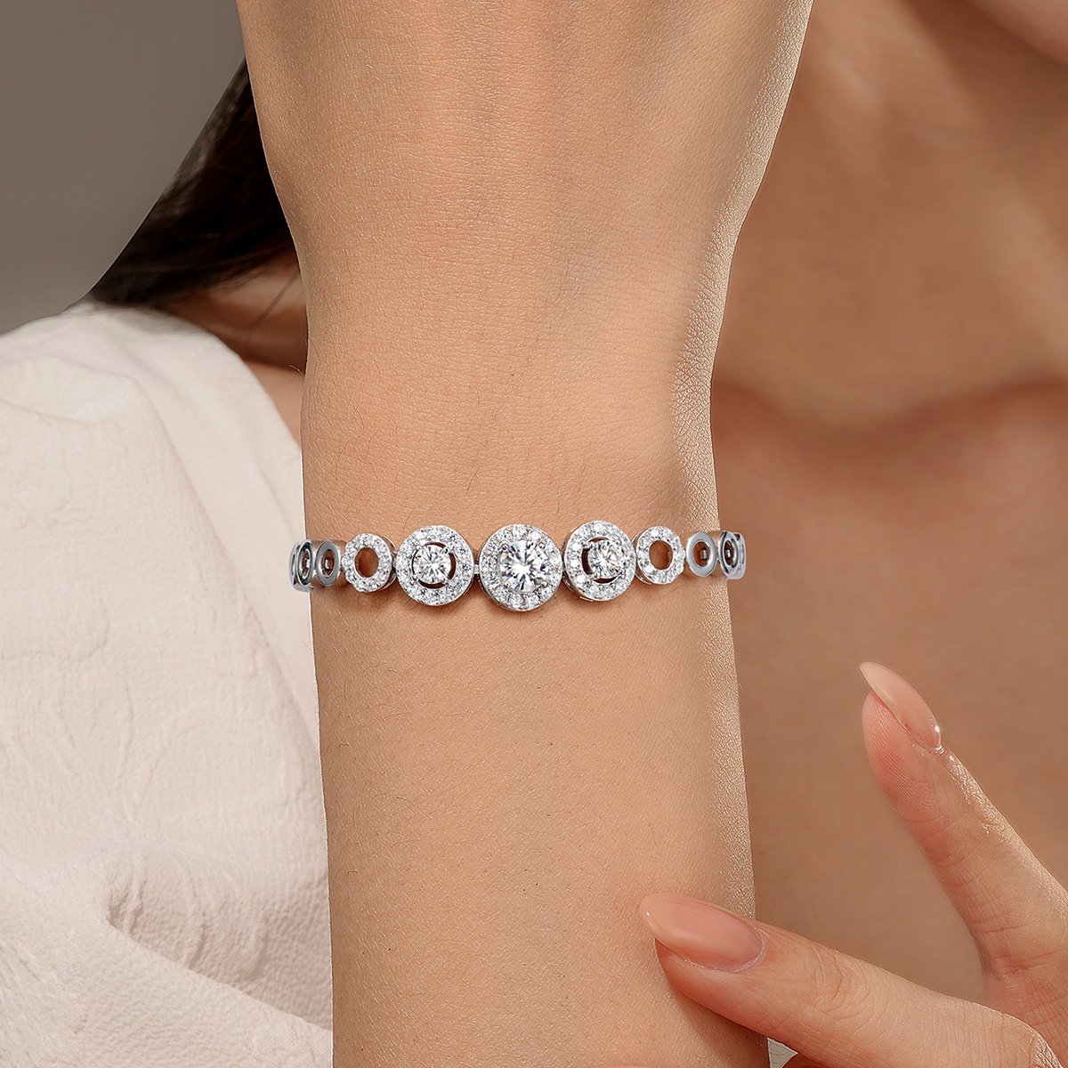 Round Moissanite Halo Cluster Bracelet in 925 Sterling Silver - Image 8