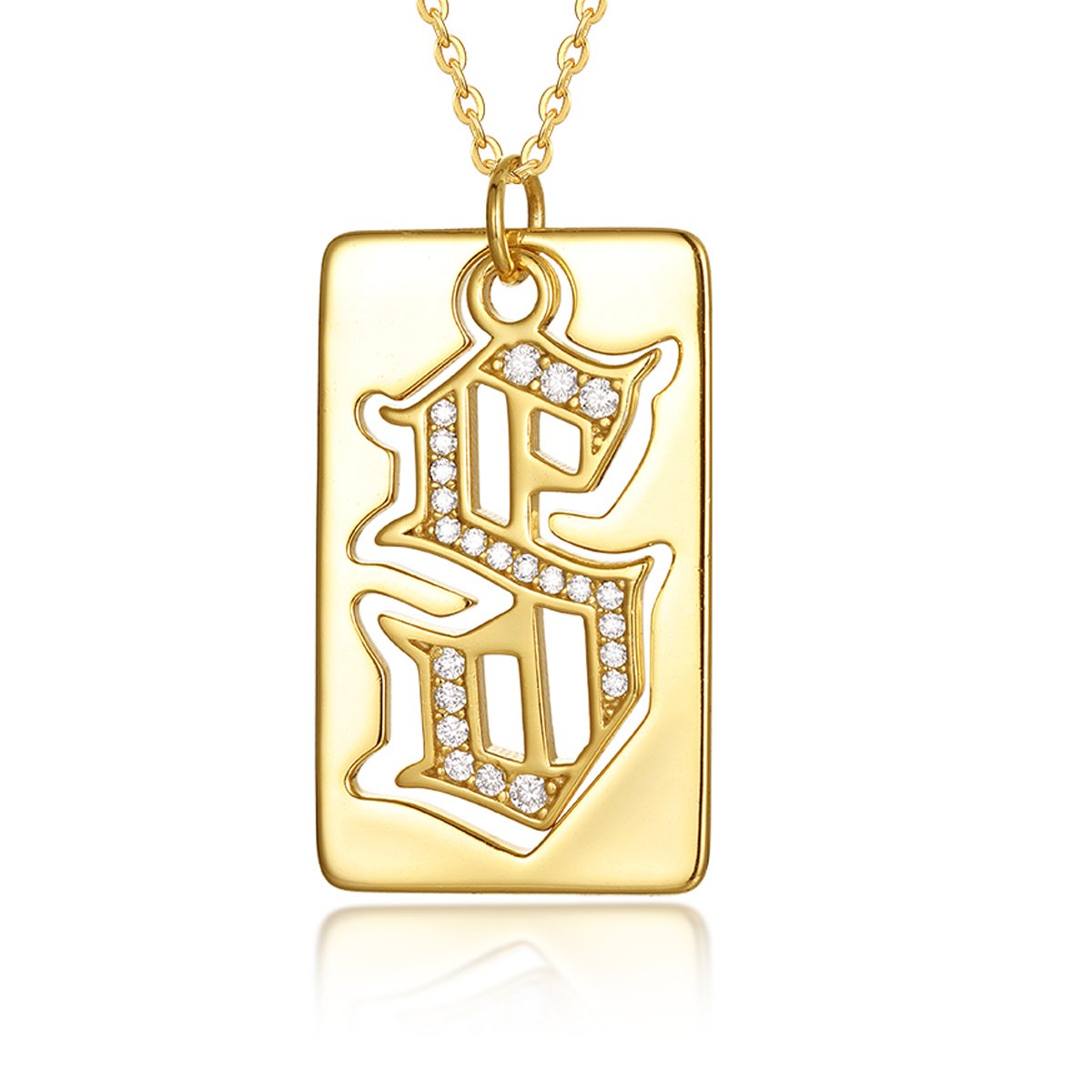 Old-English Initial B Moissanite Gold Dog-Tag Necklace