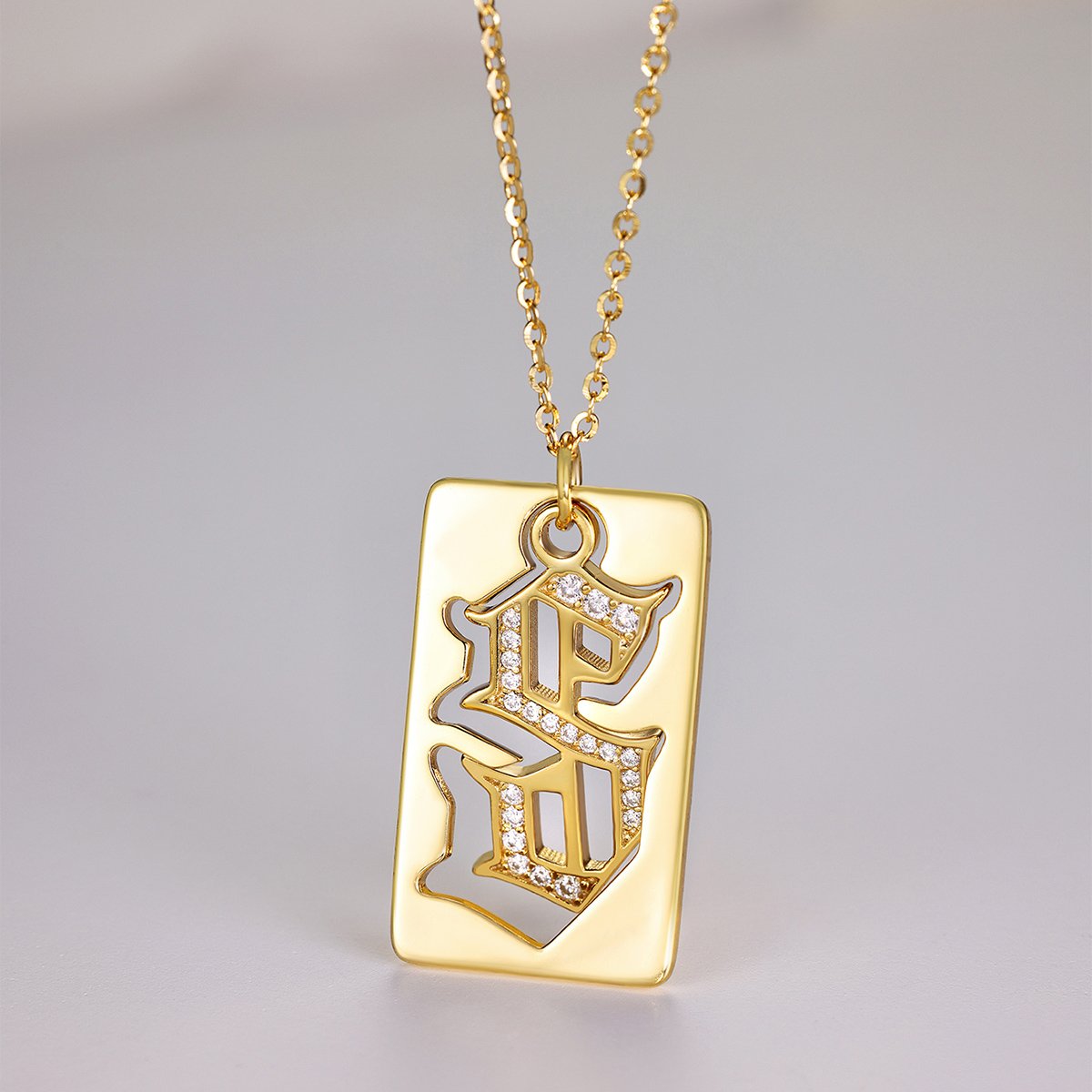 Old-English Initial B Moissanite Gold Dog-Tag Necklace - alternate view