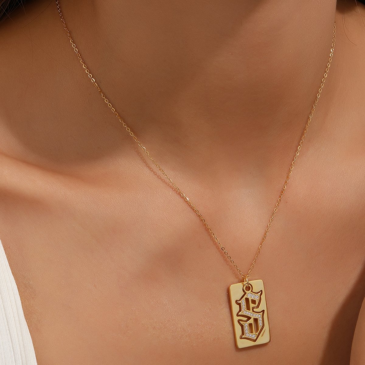 Old-English Initial B Moissanite Gold Dog-Tag Necklace - Image 3