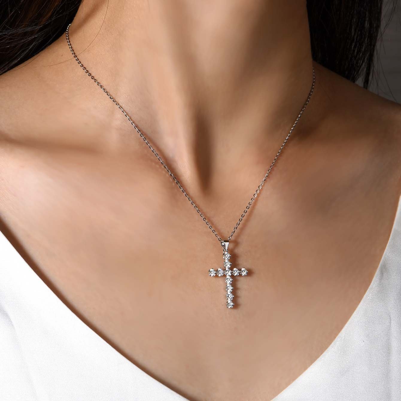Brilliant Moissanite Cross Pendant Necklace | 18K White Gold Plated 925 Silver - Image 3