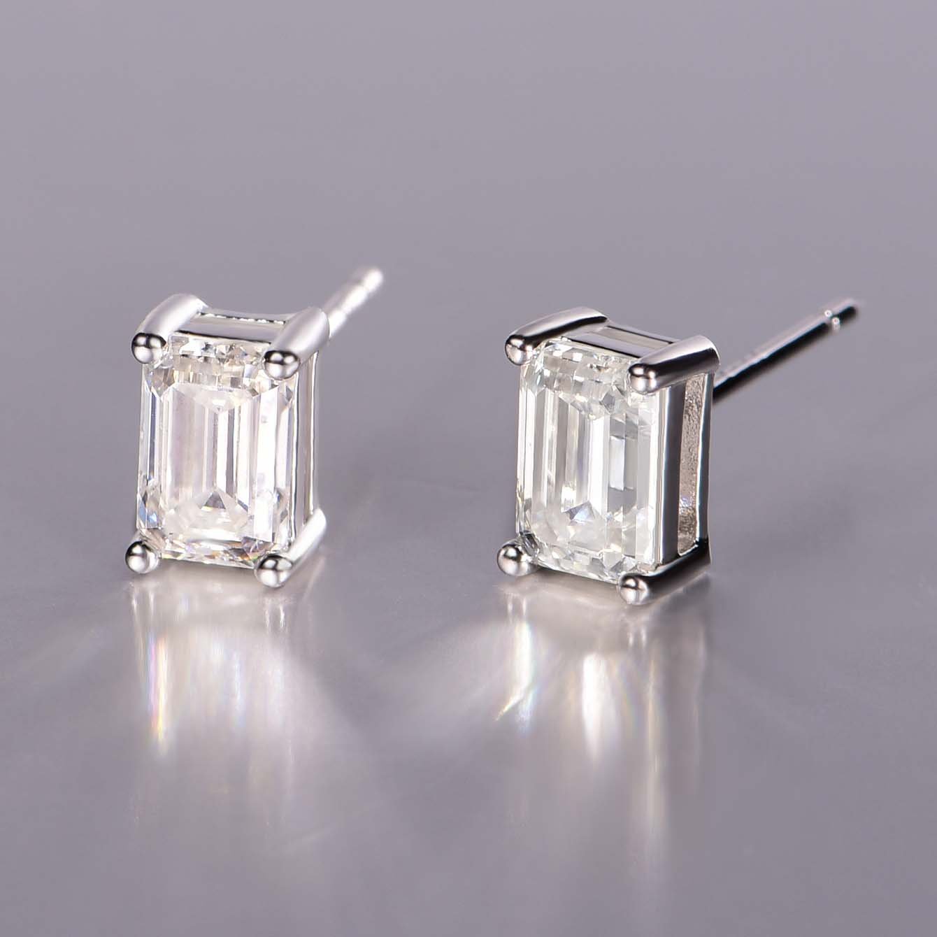 Emerald-Cut Moissanite Solitaire Stud Earrings | D-E-F VVS | 925 Silver - Image 2
