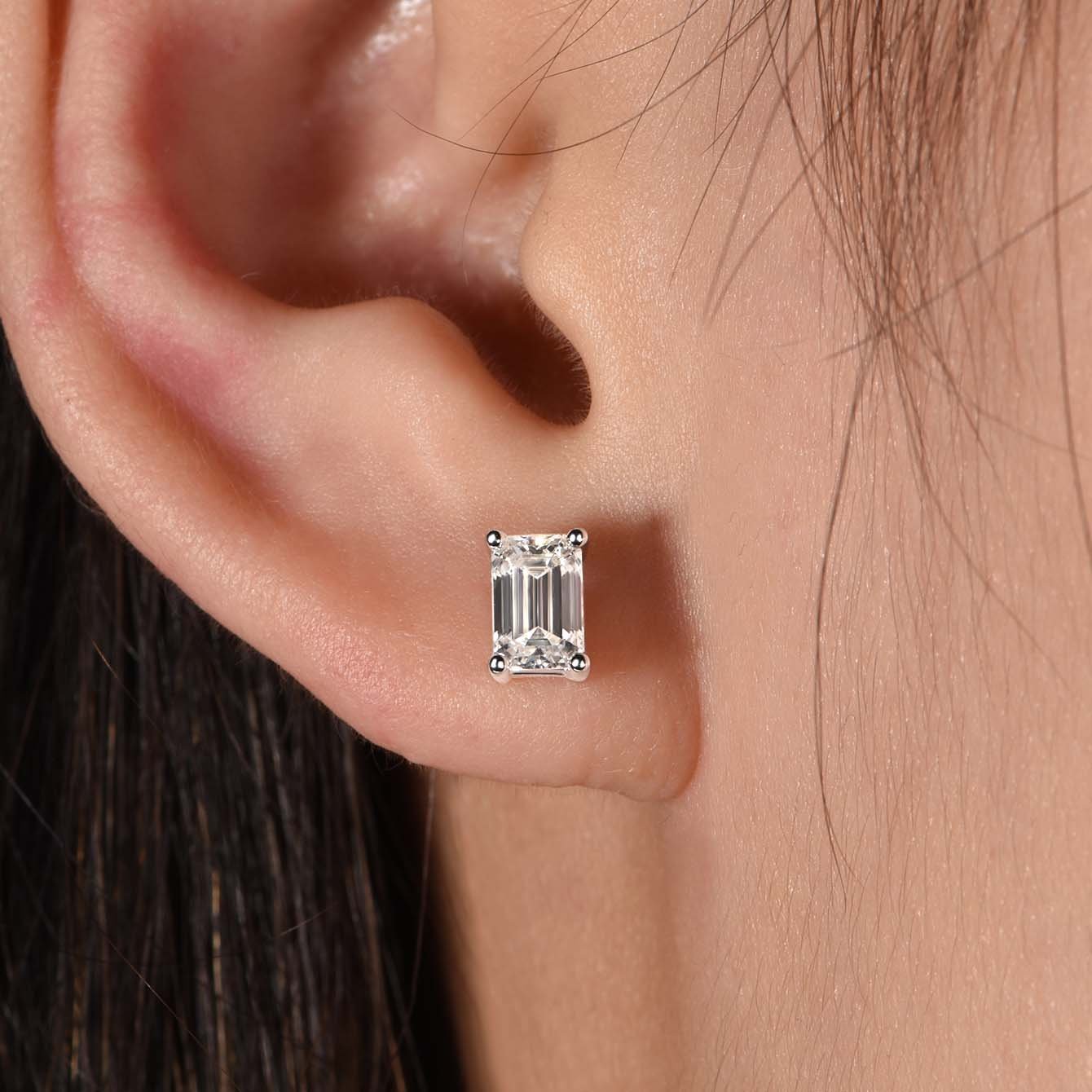 Emerald-Cut Moissanite Solitaire Stud Earrings | D-E-F VVS | 925 Silver - Image 3