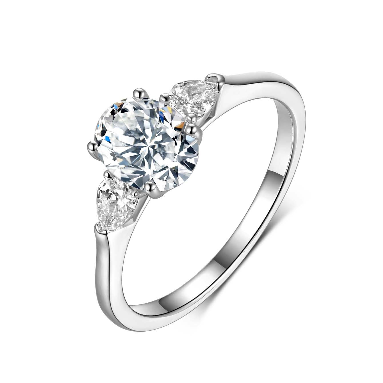 Oval Three-Stone Moissanite Ring with Pear Accents