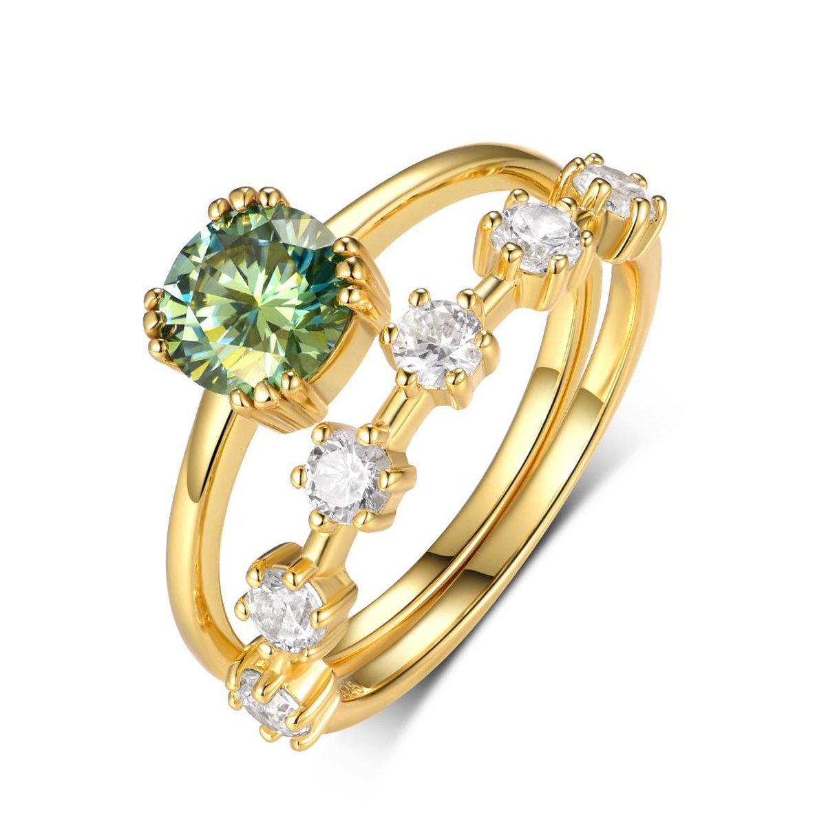 Green Moissanite Solitaire & Scattered Band Ring Set | Round 1ct Green Center | 925 Silver
