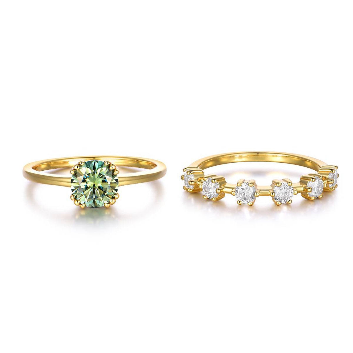 Green Moissanite Solitaire & Scattered Band Ring Set | Round 1ct Green Center | 925 Silver - Image 2