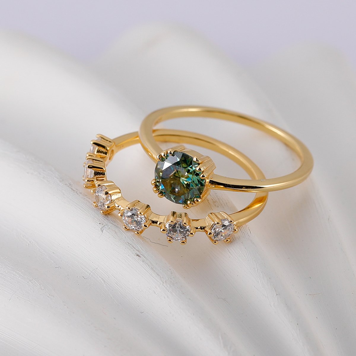 Green Moissanite Solitaire & Scattered Band Ring Set | Round 1ct Green Center | 925 Silver - Image 3