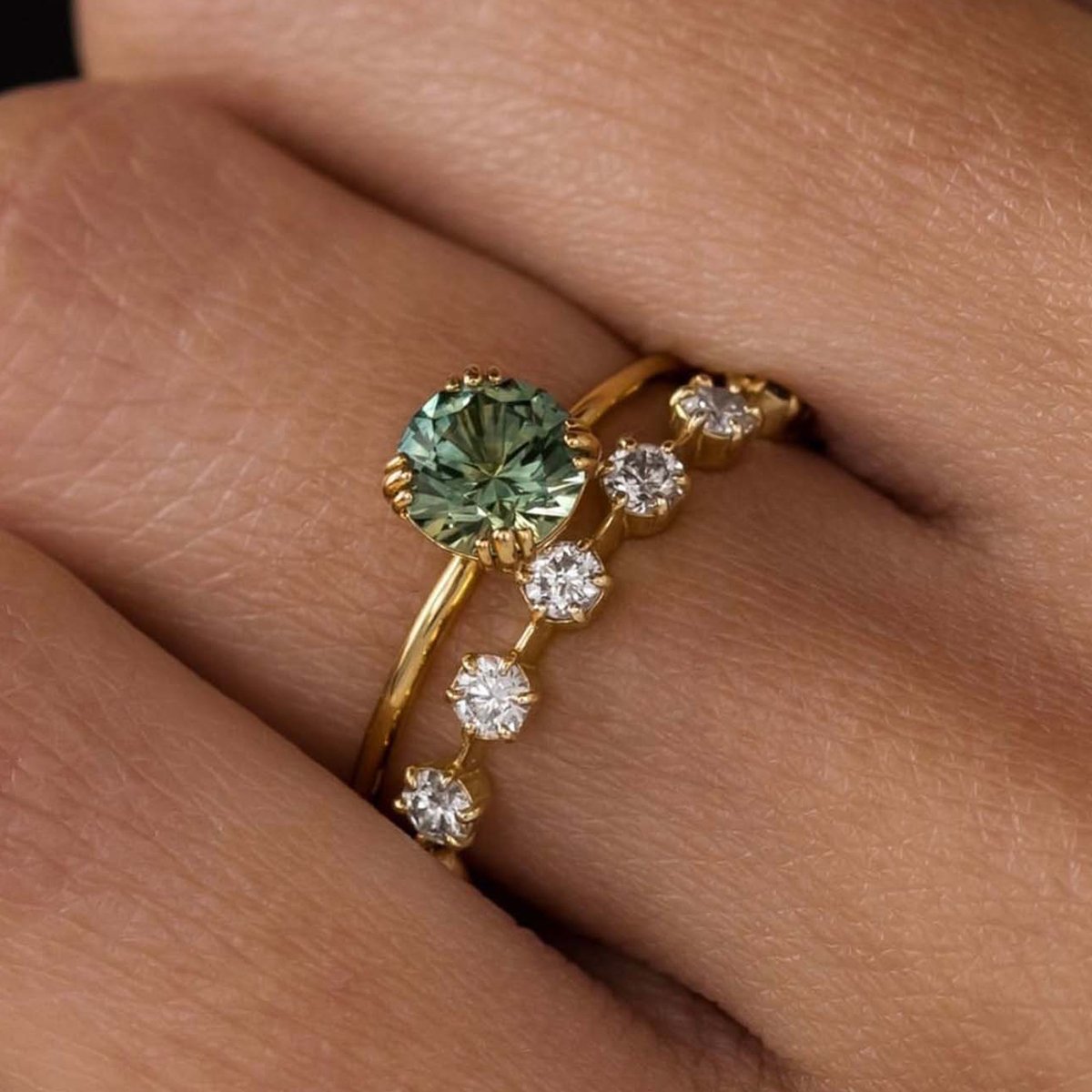 Green Moissanite Solitaire & Scattered Band Ring Set | Round 1ct Green Center | 925 Silver - Image 4