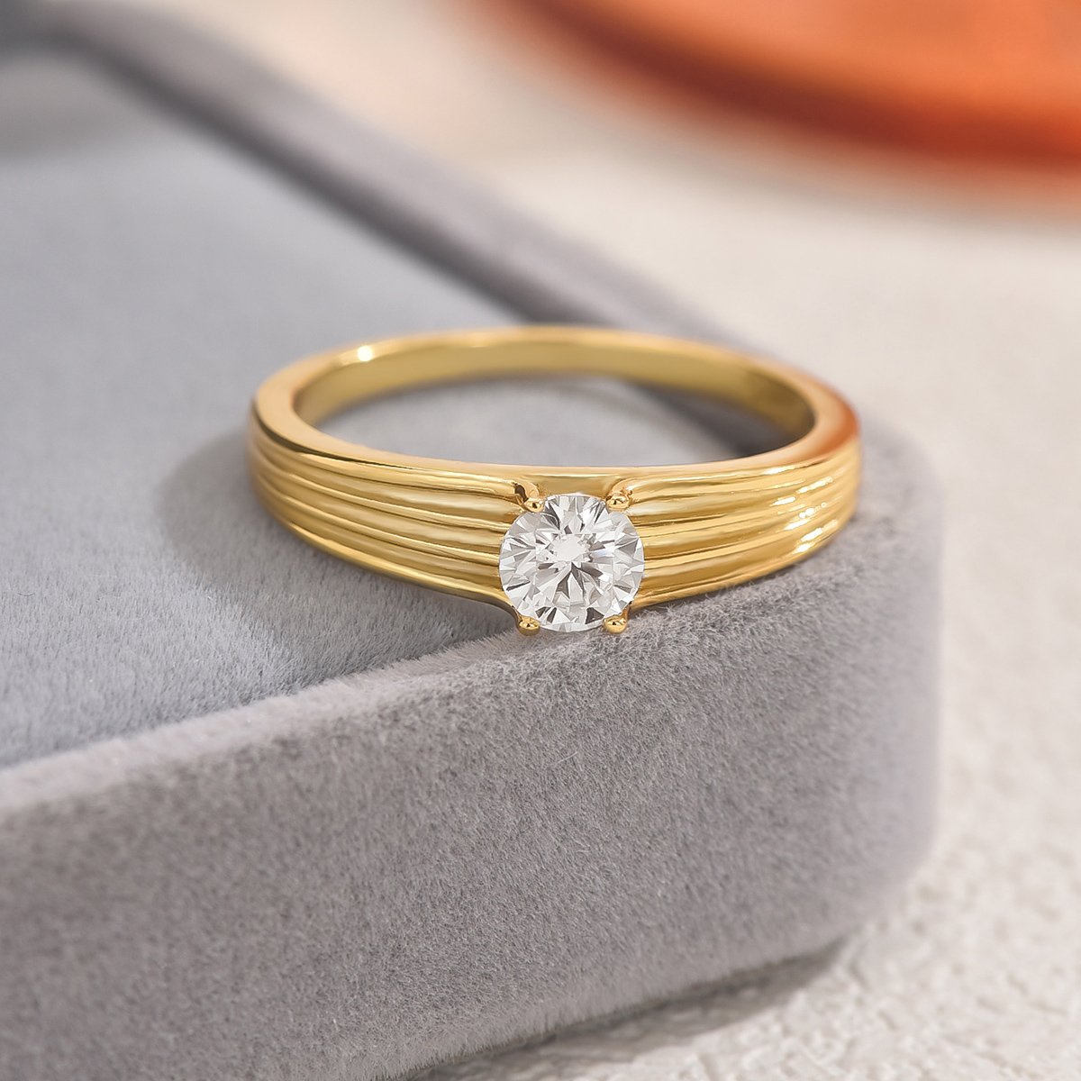 Round Moissanite Fluted-Band Solitaire Ring | 0.5ct DEW Yellow Gold - Image 2