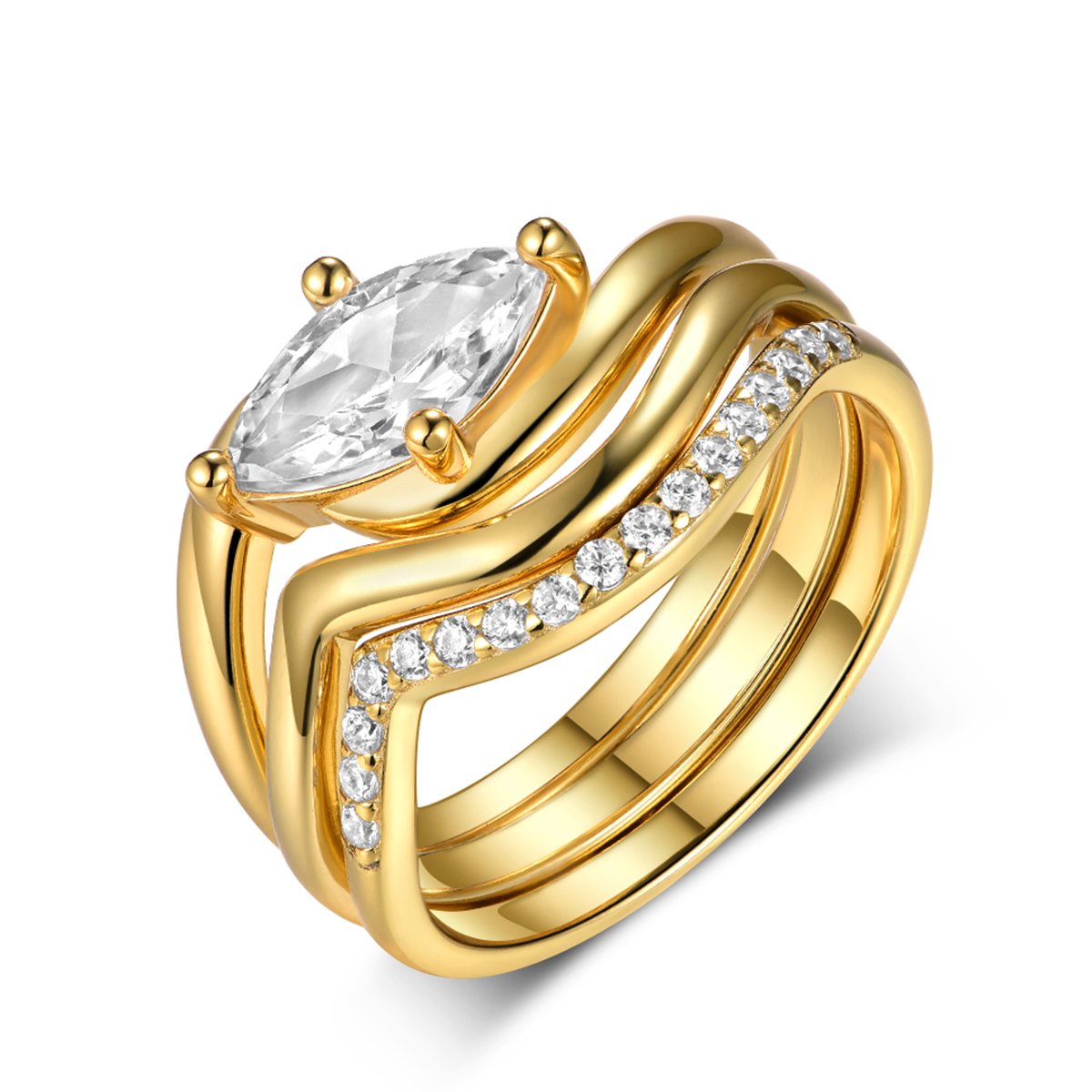 Marquise Moissanite Three-Band Bridal Set – 1ct DEW Yellow Gold
