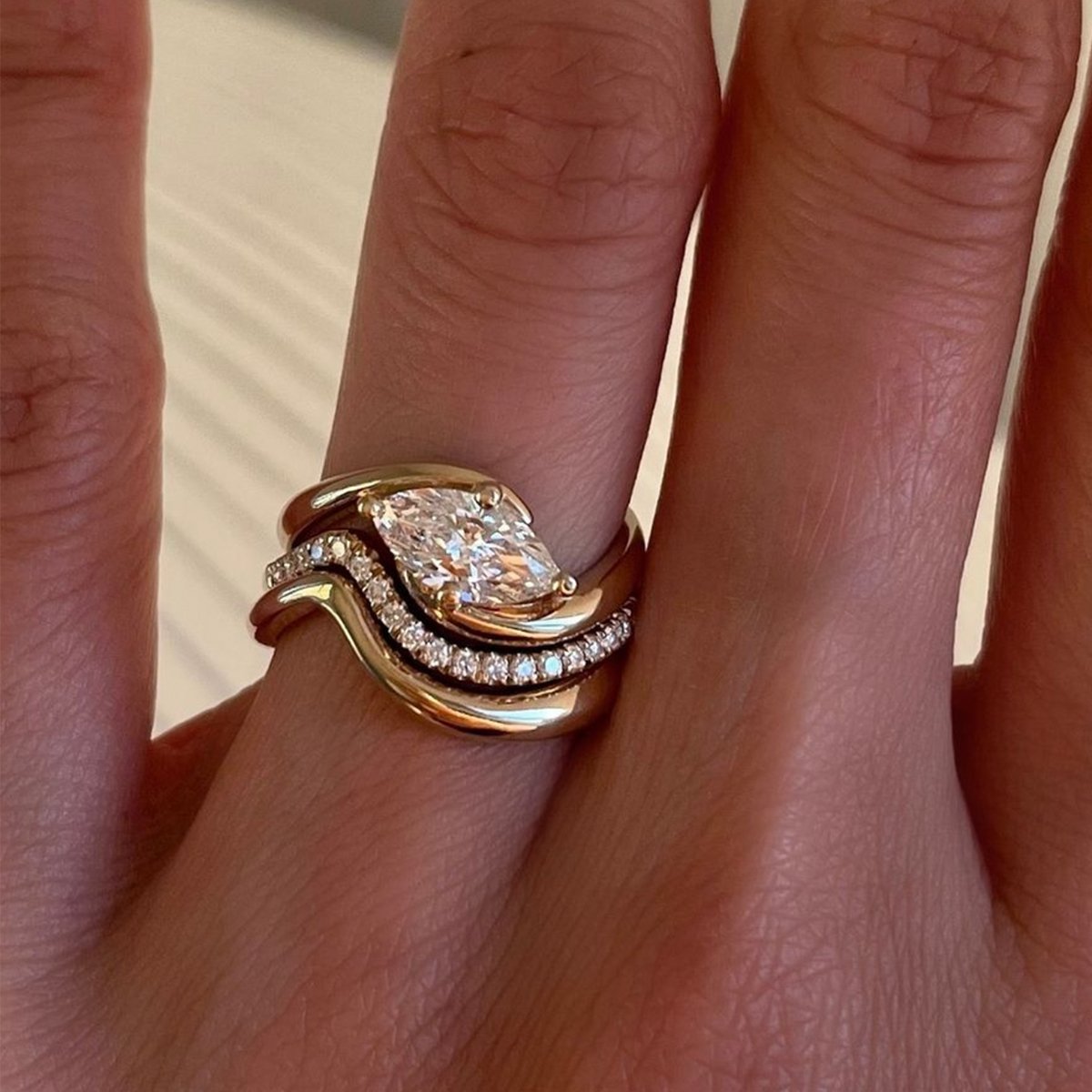 Marquise Moissanite Three-Band Bridal Set – 1ct DEW Yellow Gold - Image 3