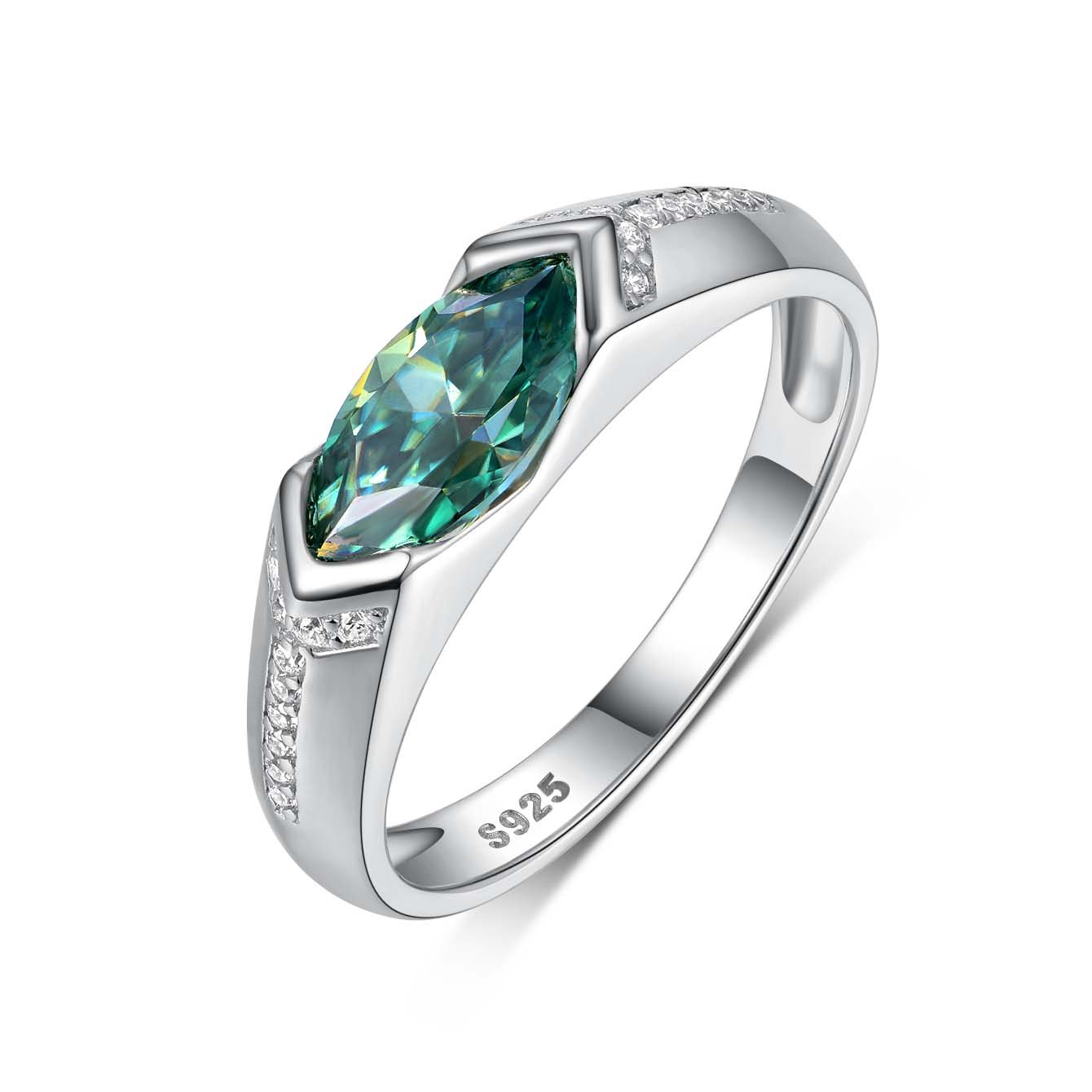 Green Marquise East-West Moissanite Ring | Sleek Half-Bezel Solitaire