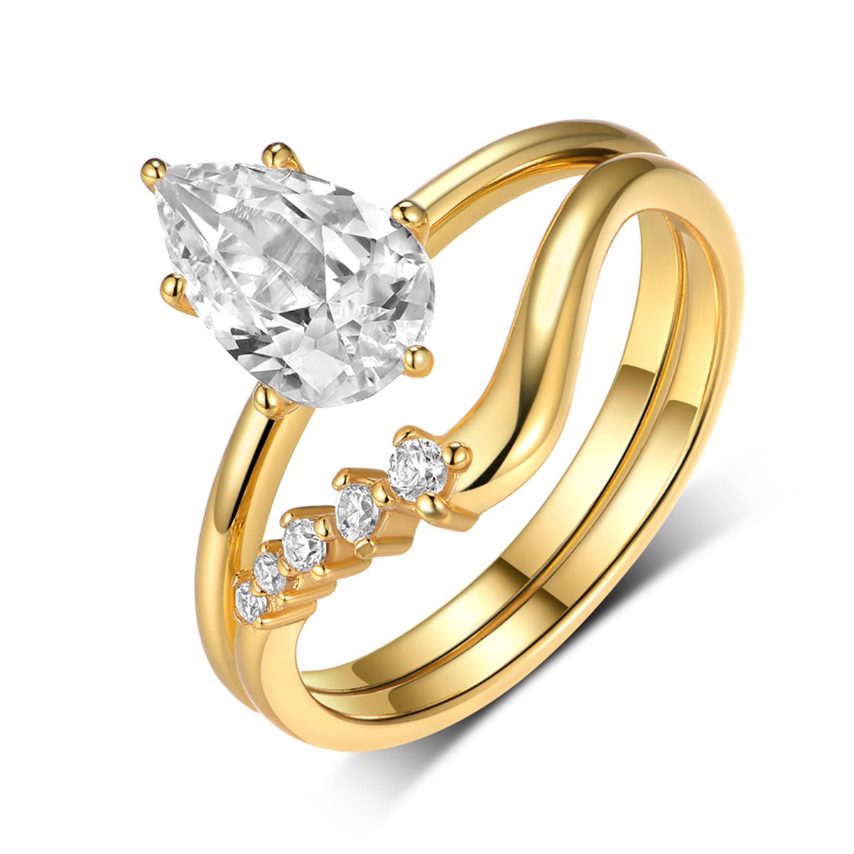Pear Moissanite Solitaire & Curved Band Bridal Set | 1.5ct DEW Yellow Gold