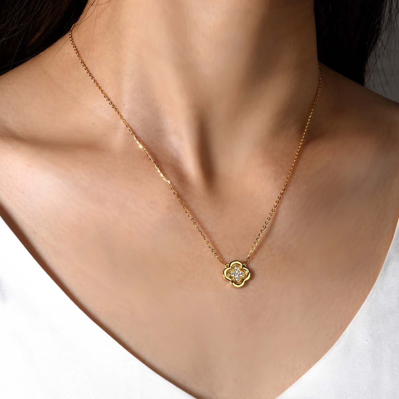 Yellow Gold Four-Leaf Clover Moissanite Pendant Necklace - Image 4